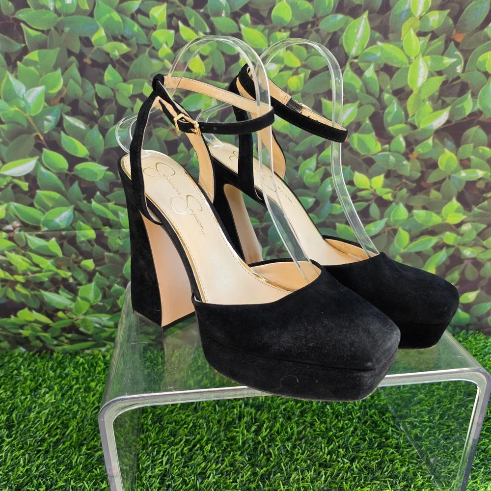 Jessica Simpson Black Suede Platform Flared Block Heel Ankle Strap Pumps Size 9M